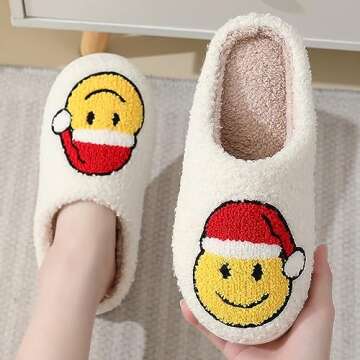 DRSLPAR Fuzzy House Slippers for Women Smiley Face - Christmas Cozy Memory Foam Woman Slipper Indoor and Outdoor Winter Bedroom Shoes(4-5US, Smile face)