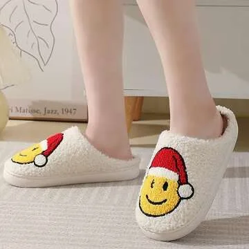 DRSLPAR Fuzzy House Slippers for Women Smiley Face - Christmas Cozy Memory Foam Woman Slipper Indoor and Outdoor Winter Bedroom Shoes(4-5US, Smile face)