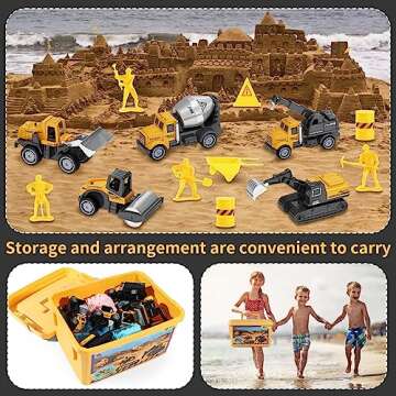 Play Construction Sand Kit,2.2lbs Magic Sand,8 Alloy Construction Vehicles,1 Inflatable Sandbox,8 Worker Figures and Road Signs,6 Castle Molds,1 Storage Box, Sensory Toys for Kids Ages 3+