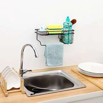 YCOCO Kitchen Sponge Holder,sink caddy with soap dispenser and Sink Brush Caddy Soap Dishwashing Liquid Drainer Rack, Kitchen Sink Sponge Basket with Adhesive,Pack of 1