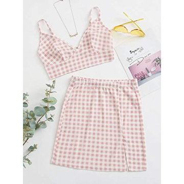 Floerns Women's Plaid Cami Crop Top and Skirt Set