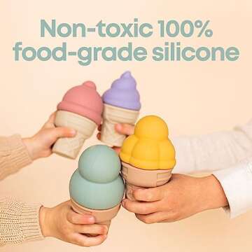 RayPlay 4 PCS Silicone Cone Ice Cream Toy Set for Toddlers Ages 1-3 - Pretend Play Ice Cream Toys for Kids, Improve Fine Motor Skills with Multicolored Set