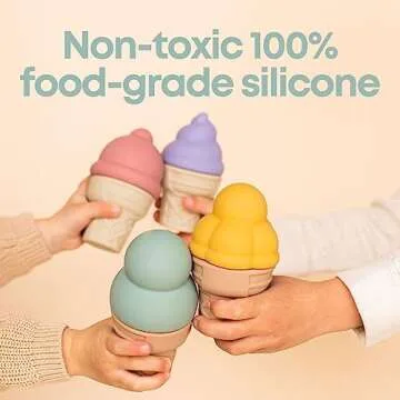 RayPlay 4 PCS Silicone Cone Ice Cream Toy Set for Toddlers Ages 1-3 - Pretend Play Ice Cream Toys for Kids, Improve Fine Motor Skills with Multicolored Set