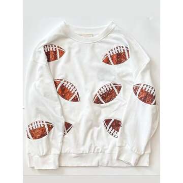 ChiyeeKiss Womens Sparkle Football Sequin Rugby Sweatshirt Game Day Y2K Crewneck Oversized Shirt Lon...