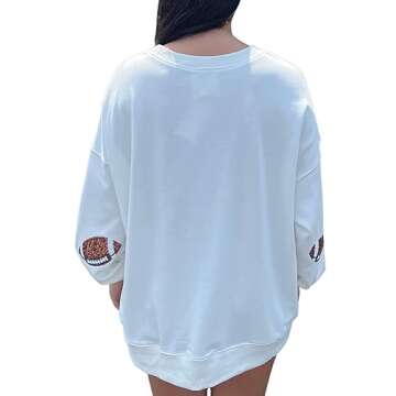 ChiyeeKiss Womens Sparkle Football Sequin Rugby Sweatshirt Game Day Y2K Crewneck Oversized Shirt Long Sleeve Fleece Pullover(0508-White-M)