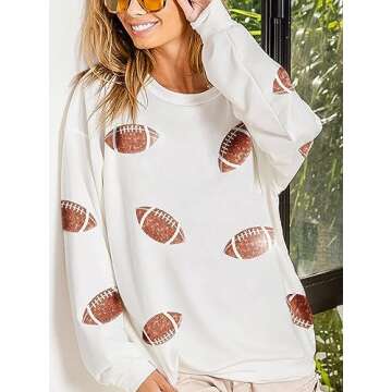 ChiyeeKiss Womens Sparkle Football Sequin Rugby Sweatshirt Game Day Y2K Crewneck Oversized Shirt Long Sleeve Fleece Pullover(0508-White-M)