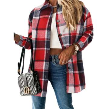 ZOLUCKY Womens Classic Christmas Red Plaid Shacket Jacket Oversized Button Down Shirt Blouses Tops, Red Medium