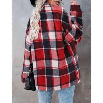 ZOLUCKY Womens Classic Christmas Red Plaid Shacket Jacket Oversized Button Down Shirt Blouses Tops, Red Medium