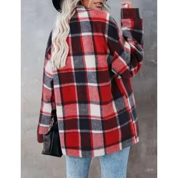 ZOLUCKY Womens Classic Christmas Red Plaid Shacket Jacket Oversized Button Down Shirt Blouses Tops, Red Medium