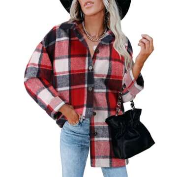 ZOLUCKY Womens Classic Christmas Red Plaid Shacket Jacket Oversized Button Down Shirt Blouses Tops, Red Medium