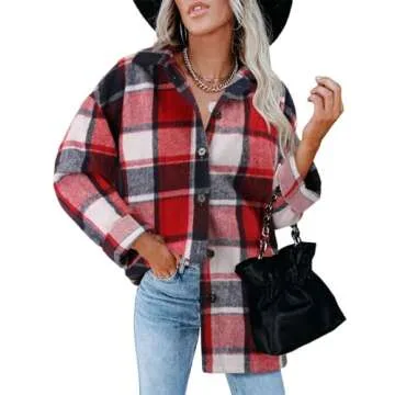 ZOLUCKY Womens Classic Christmas Red Plaid Shacket Jacket Oversized Button Down Shirt Blouses Tops, Red Medium