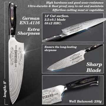 Funistree Gifts for Men Him Husband Valentines Day, 8 inch Professional German 1.4116 Chef Knife, Engraved Best Husband Ever Knife Gift, Anniversary Birthday Gift for Men, Fathers Husband Gift