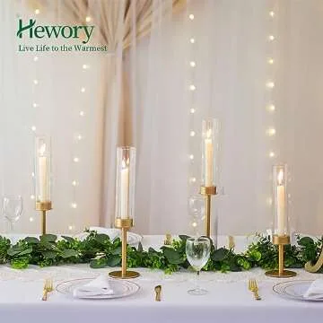 Hewory Gold Candle Holders Hurricane Candlestick Holders, 12Pcs Brass Candle Stick Candle Holder Candelabra, Taper Candle Holders with Glass Candle Cover for Wedding Table Centerpiece Christmas Decor