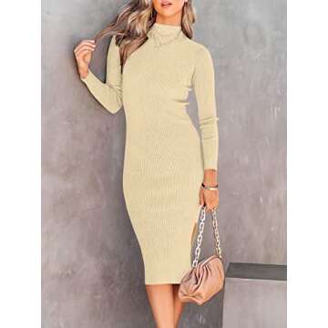ANRABESS Women Long Sleeve Turtleneck Slim Fit Ribbed Knit Slit Cocktail Party Sweater Midi Dress 2024 Trendy Fall Outfits Apricot Small