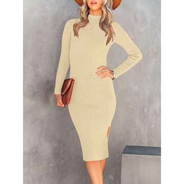 ANRABESS Women Long Sleeve Turtleneck Slim Fit Ribbed Knit Slit Cocktail Party Sweater Midi Dress 2024 Trendy Fall Outfits Apricot Small
