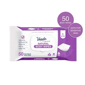 Veeda Natural Cotton Body Wipes for Adults - 50 Count, Hypoallergenic & pH Balanced Wet Wipes - Unsc...