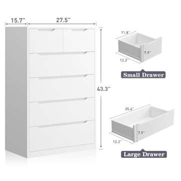 EnHomee 6 Drawers Dresser for Bedroom, Modern Chest of Drawers, White Dresser with Large Organizer, Deep Drawer and Smooth Metal Rail, White