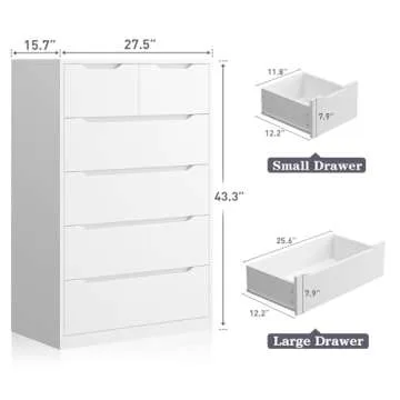 EnHomee 6 Drawers Dresser for Bedroom, Modern Chest of Drawers, White Dresser with Large Organizer, Deep Drawer and Smooth Metal Rail, White