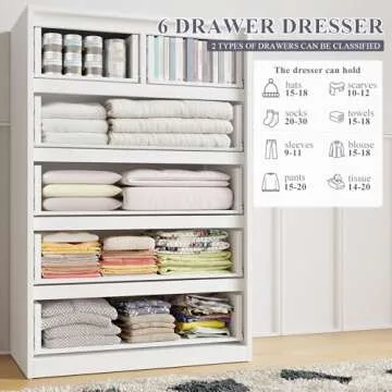 EnHomee 6 Drawers Dresser for Bedroom, Modern Chest of Drawers, White Dresser with Large Organizer, Deep Drawer and Smooth Metal Rail, White