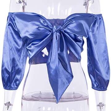 Women Satin Silk Off Shoulder Crop Top Cropped Half Sleeve Bow Tie Tee Shirt Blouse for Cocktail Par...