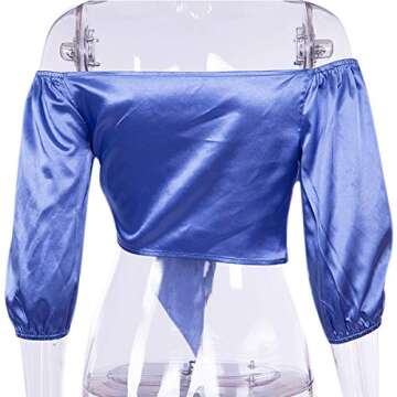 Women Satin Silk Off Shoulder Crop Top Cropped Half Sleeve Bow Tie Tee Shirt Blouse for Cocktail Party Clubwear, Blue One Size
