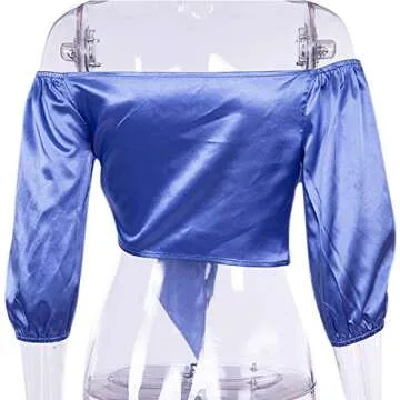 Women Satin Silk Off Shoulder Crop Top Cropped Half Sleeve Bow Tie Tee Shirt Blouse for Cocktail Party Clubwear, Blue One Size