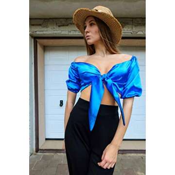 Women Satin Silk Off Shoulder Crop Top Cropped Half Sleeve Bow Tie Tee Shirt Blouse for Cocktail Party Clubwear, Blue One Size
