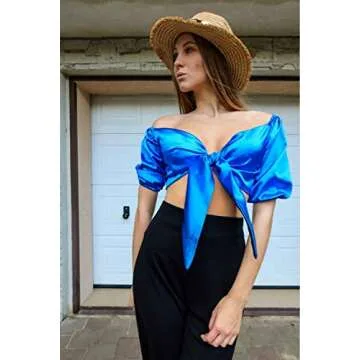 Women Satin Silk Off Shoulder Crop Top Cropped Half Sleeve Bow Tie Tee Shirt Blouse for Cocktail Party Clubwear, Blue One Size