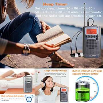 EXMAX EXD-737 Aviation FM/AM/SW/Band Shortwave Radio Receiver NOAA Weather Radios VHF Airband Portable Full Band Frequency Handheld Aircraft Radio Digital Alarm Speaker Gift for Parents - Gray