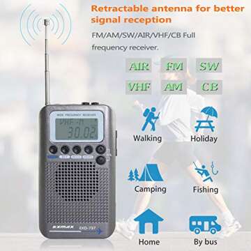 EXMAX EXD-737 Aviation FM/AM/SW/Band Shortwave Radio Receiver NOAA Weather Radios VHF Airband Portable Full Band Frequency Handheld Aircraft Radio Digital Alarm Speaker Gift for Parents - Gray