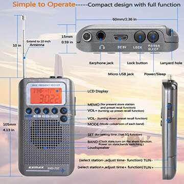 EXMAX EXD-737 Aviation FM/AM/SW/Band Shortwave Radio Receiver NOAA Weather Radios VHF Airband Portable Full Band Frequency Handheld Aircraft Radio Digital Alarm Speaker Gift for Parents - Gray