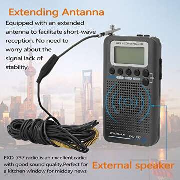 EXMAX EXD-737 Aviation FM/AM/SW/Band Shortwave Radio Receiver NOAA Weather Radios VHF Airband Portable Full Band Frequency Handheld Aircraft Radio Digital Alarm Speaker Gift for Parents - Gray