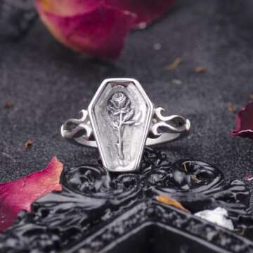 Joliernelle Stainless Steel Coffin Ring for Women Silver Rose Flower Cubic Zirconia Rings Size 8