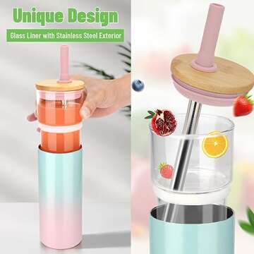 Tronco 20 oz Vacuum Insulated Glass Tumbler with Lid and Straw - Keeps Drinks Cold for 12 Hrs - Reus...