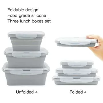 Duoyou Collapsible Silicone Lunch Bento Box, Portable Food Storage Container Outdoor Picnic Box Space Saving, Microwave, Dishwasher and Freezer Safe, 3 Pcs Set (Grey)