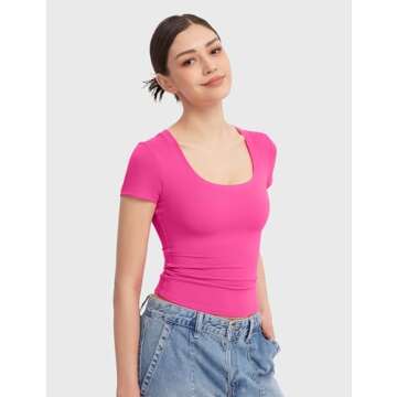 PUMIEY Short Sleeve T Shirts for Women Scoop Neck Top Basic Going Out Crop Tops Summer Slim Fit Tee Shirt Blush, Small