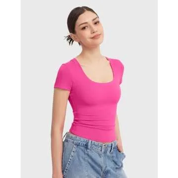 PUMIEY Short Sleeve T Shirts for Women Scoop Neck Top Basic Going Out Crop Tops Summer Slim Fit Tee Shirt Blush, Small