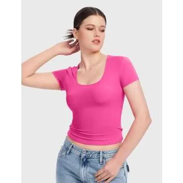 PUMIEY Short Sleeve T Shirts for Women Scoop Neck Top Basic Going Out Crop Tops Summer Slim Fit Tee Shirt Blush, Small