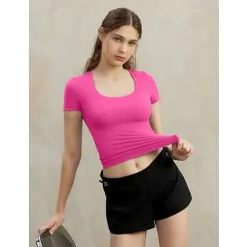 PUMIEY Short Sleeve T Shirts for Women Scoop Neck Top Basic Going Out Crop Tops Summer Slim Fit Tee Shirt Blush, Small