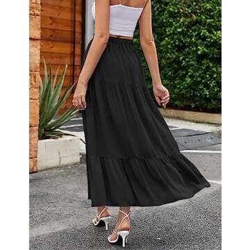 HAEOF Women's 2025 Boho A Line Flowy Summer Maxi Skirt Trendy Slit Elastic High Waist Beach Long Skirts with Pockets(Black, XS)