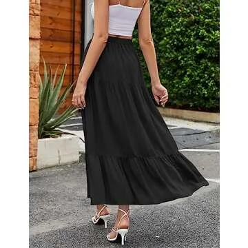 HAEOF Women's 2025 Boho A Line Flowy Summer Maxi Skirt Trendy Slit Elastic High Waist Beach Long Skirts with Pockets(Black, XS)