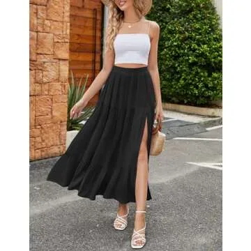 HAEOF Women's 2025 Boho A Line Flowy Summer Maxi Skirt Trendy Slit Elastic High Waist Beach Long Skirts with Pockets(Black, XS)