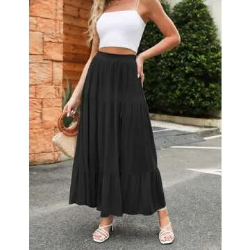 HAEOF Women's 2025 Boho A Line Flowy Summer Maxi Skirt Trendy Slit Elastic High Waist Beach Long Skirts with Pockets(Black, XS)