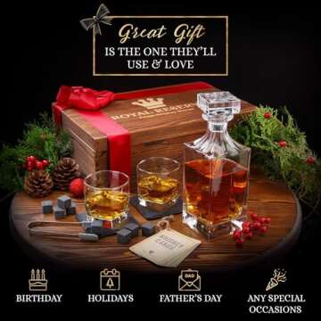 Whiskey Decanter Gift Set by Royal Reserve – Liquor Bourbon Decanter 34 oz 1000 ml with Glasses, Chilling Stones, Coasters and Tong – Whiskey Gifts for Men, Husband, Dad, Boyfriend