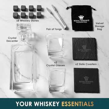 Whiskey Decanter Gift Set by Royal Reserve – Liquor Bourbon Decanter 34 oz 1000 ml with Glasses, Chilling Stones, Coasters and Tong – Whiskey Gifts for Men, Husband, Dad, Boyfriend