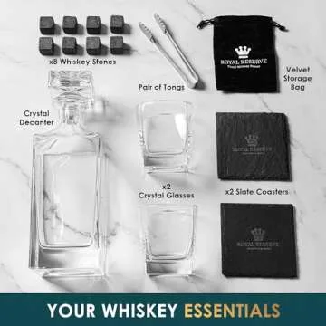 Whiskey Decanter Gift Set by Royal Reserve – Liquor Bourbon Decanter 34 oz 1000 ml with Glasses, Chilling Stones, Coasters and Tong – Whiskey Gifts for Men, Husband, Dad, Boyfriend