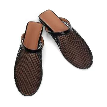 DOEYG Mesh Ballet Flat Mules for Women Fishnet Flats Shoes Comfortable Dressy Slip on Wide Width Ballerina Mule Shoes Black Size 6
