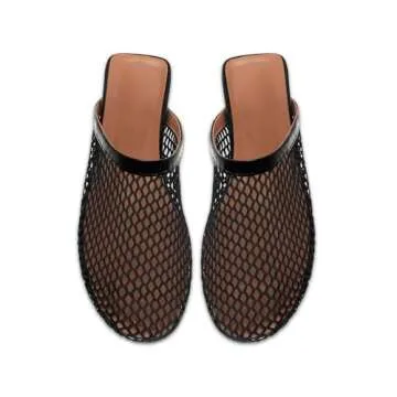DOEYG Mesh Ballet Flat Mules for Women Fishnet Flats Shoes Comfortable Dressy Slip on Wide Width Ballerina Mule Shoes Black Size 6