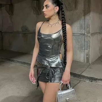 Shiny Silver Mini Skirt and Crop Top Party Outfit