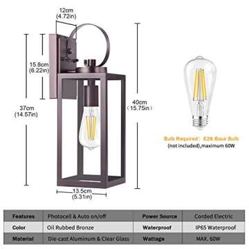 Dusk to Dawn Sensor Outdoor Light Fixtures Wall Mount, Oil Rubbed Bronze Porch Lights, Exterior Wall Lantern Outdoor Lighting, Waterproof Wall Sconce, Anti-Rust Outside Lamp Clear Glass for Garage